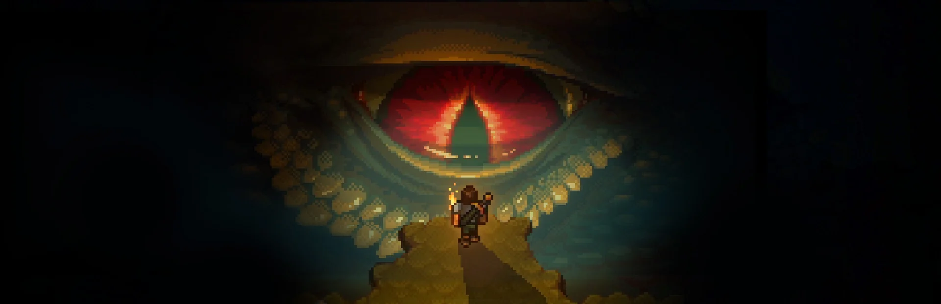 A tiny traveller on a golden path beneath the red eye of a dragon — World of Anterra key art
